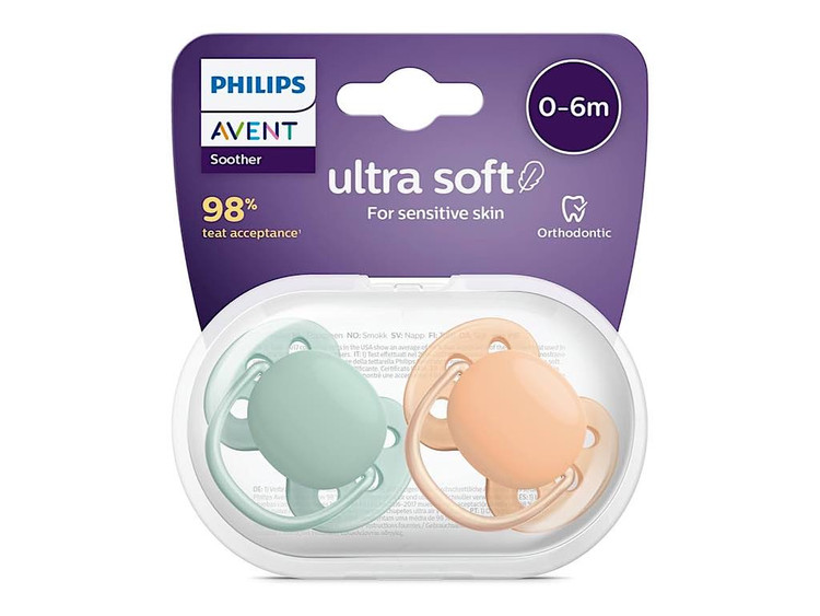 پستانک ارتودنسی دو عددی نوزادی 6-0 ماه مدل ultra soft فیلیپس